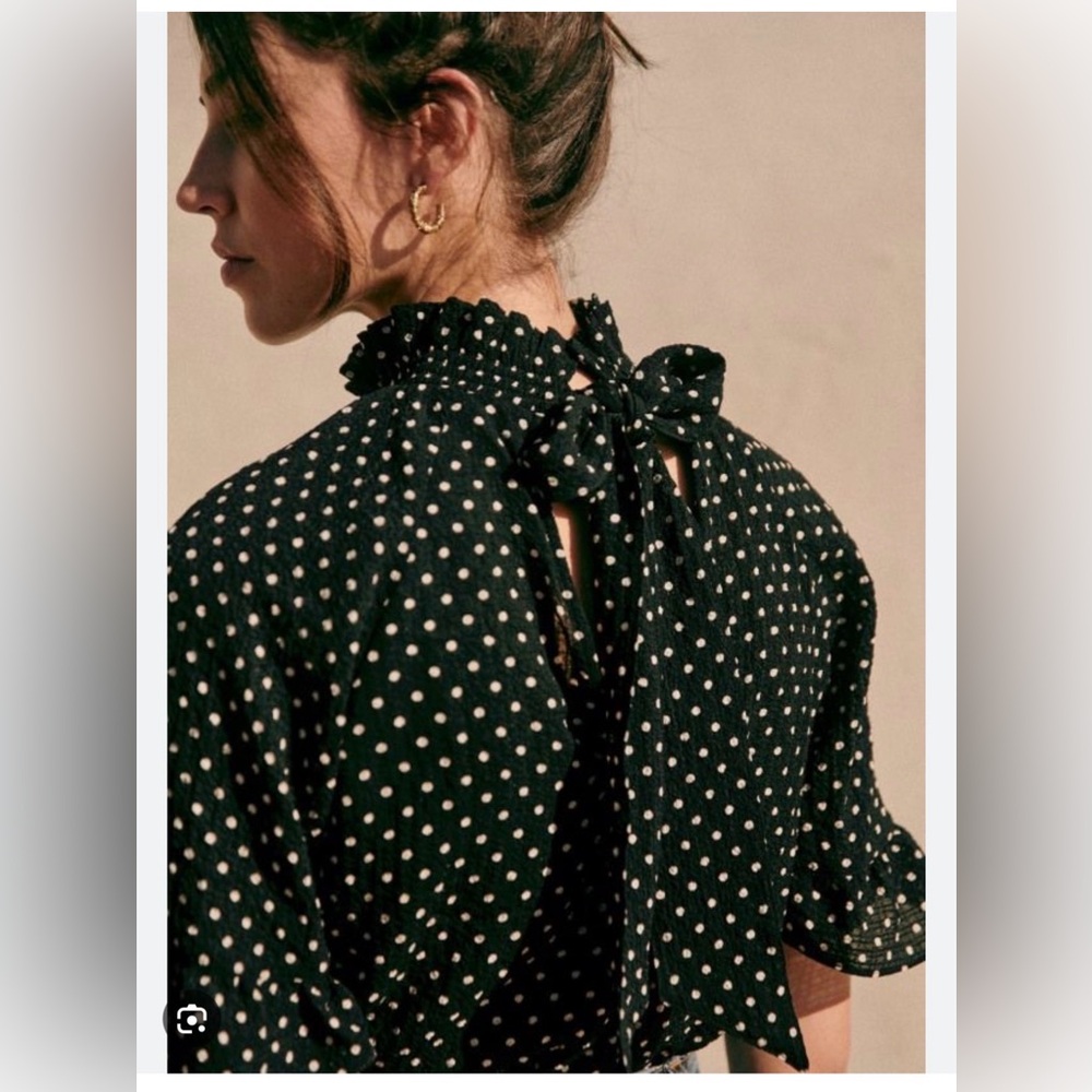 Sézane Cassandre Blouse Black Polka Dot Ruffled Sleeve Top XS